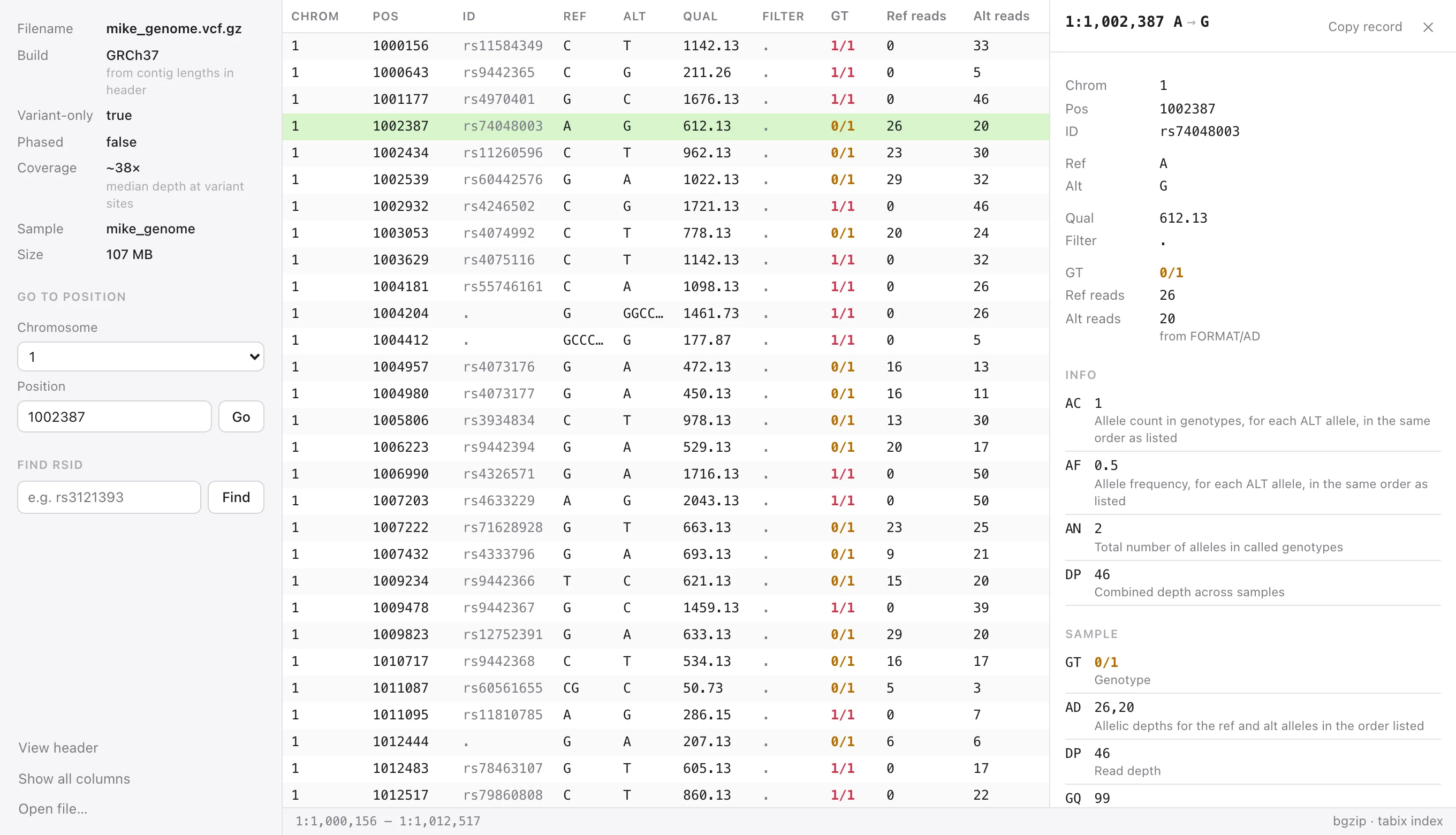 VCF Lite showing a whole-genome VCF, with one variant selected and its details open